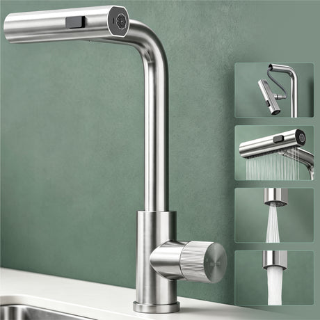 glasvilla Robinet de cuisine avec douchette extractible, mitigeur de cuisine pivotant à 360° avec 3 modes de pulvérisation, mitigeur d'évier en acier inoxydable Turnix-02