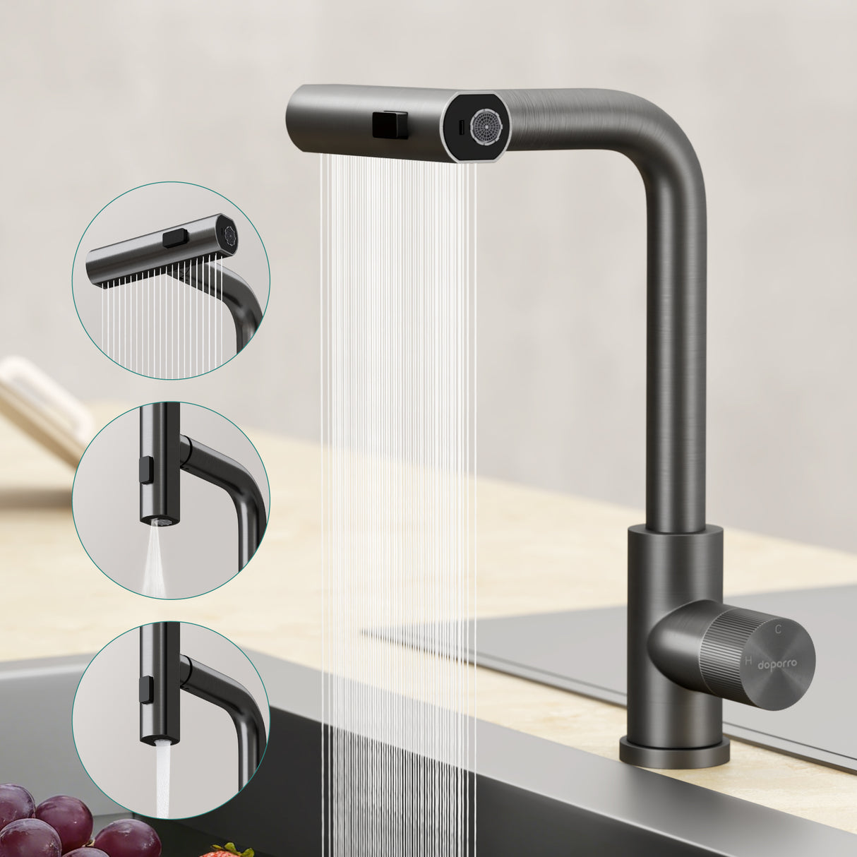 glasvilla Wasserhahn Küche Küchenarmatur mit Brause Ausziehbar, Küchenwasserhahn 360°Schwenkbar 3 Sprühfunktionen, Mischbatterie Spültischarmatur aus Edelstahl Turnix-02