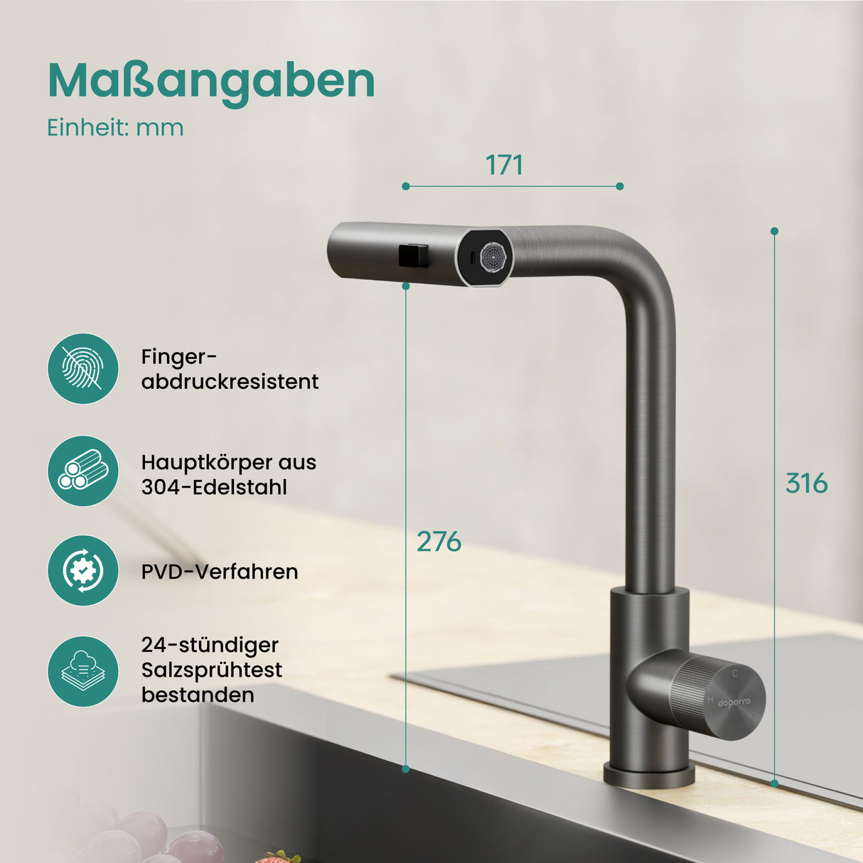 glasvilla Wasserhahn Küche Küchenarmatur mit Brause Ausziehbar, Küchenwasserhahn 360°Schwenkbar 3 Sprühfunktionen, Mischbatterie Spültischarmatur aus Edelstahl Turnix-02