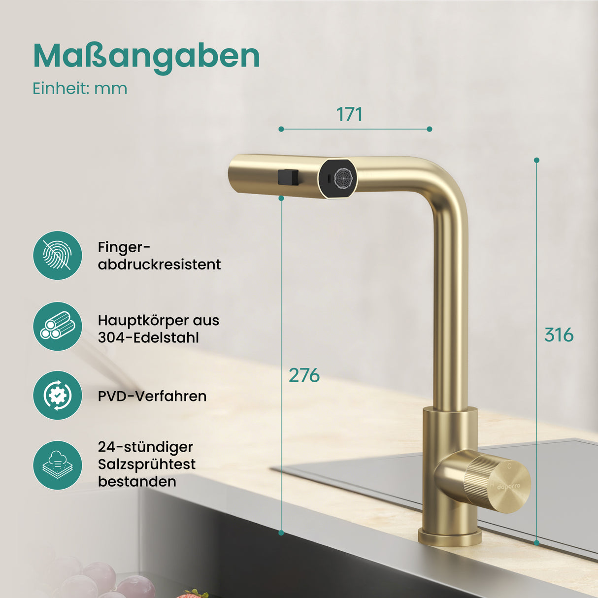 glasvilla Wasserhahn Küche Küchenarmatur mit Brause Ausziehbar, Küchenwasserhahn 360°Schwenkbar 3 Sprühfunktionen, Mischbatterie Spültischarmatur aus Edelstahl Turnix-02