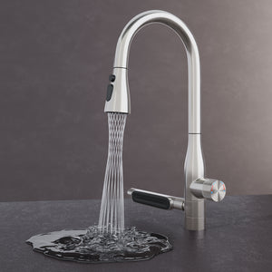 Grifo de Cocina Glasvilla Turnix-03 Acero Inoxidable con Chorro Cascada y Ducha Extraíble 360°
