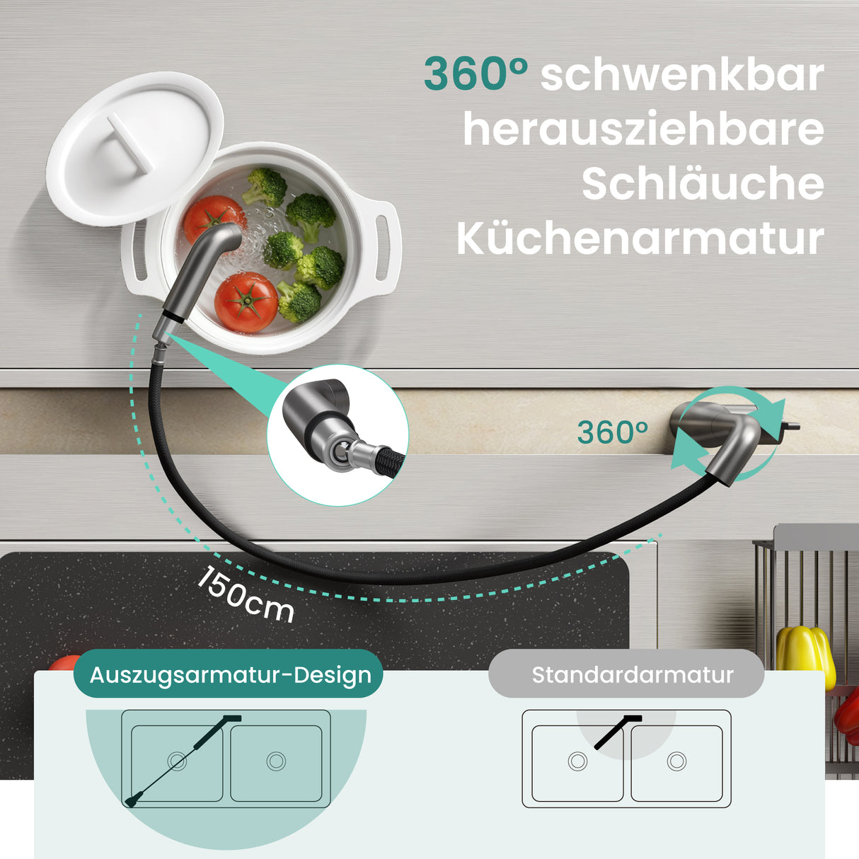 glasvilla Robinet de Cuisine avec Douchette Extractible, Mitigeur Évier Pivotant à 360°, Robinetterie en Acier Inoxydable Turnix-04