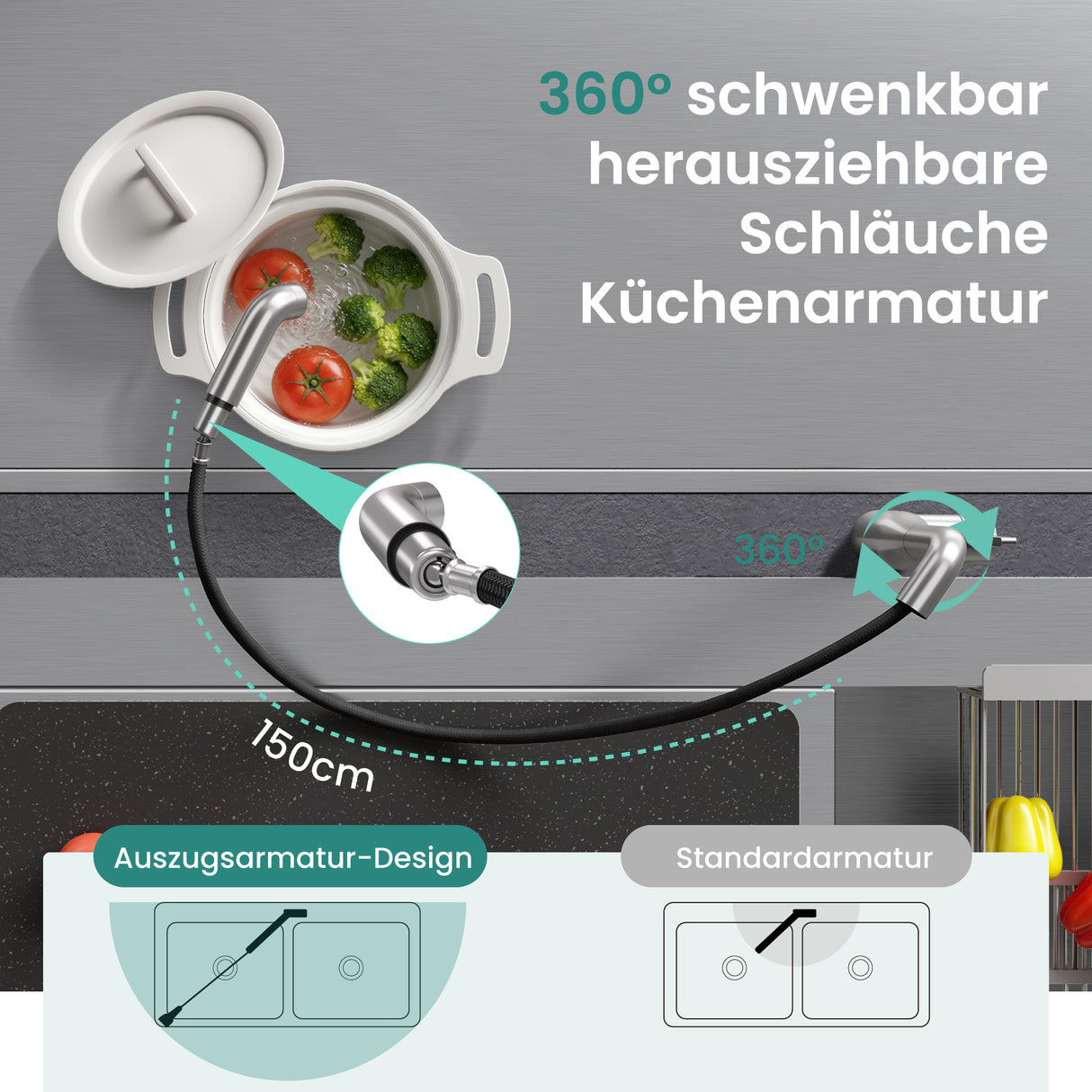 glasvilla Robinet de Cuisine avec Douchette Extractible, Mitigeur Évier Pivotant à 360°, Robinetterie en Acier Inoxydable Turnix-04