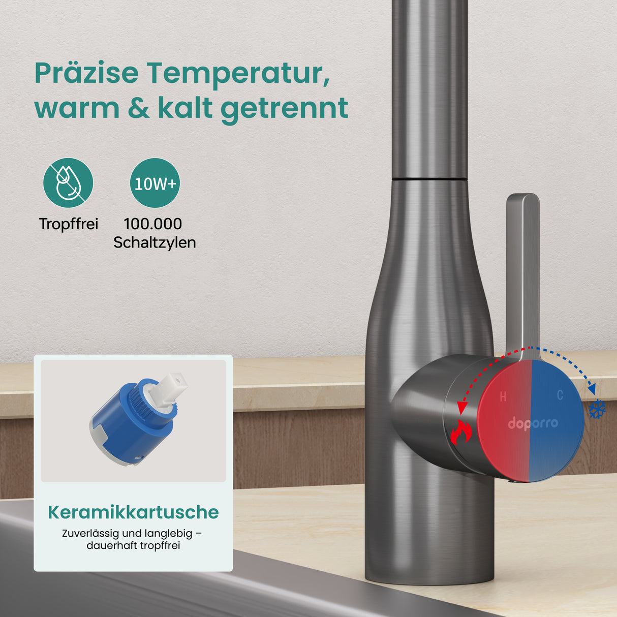 glasvilla Robinet de Cuisine avec Douchette Extractible, Mitigeur Évier Pivotant à 360°, Robinetterie en Acier Inoxydable Turnix-04