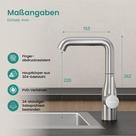 glasvilla Wasserhahn Küche Küchenarmatur mit Brause Ausziehbar, Küchenwasserhahn 360°Schwenkbar, Mischbatterie Spültischarmatur aus Edelstahl Turnix-04