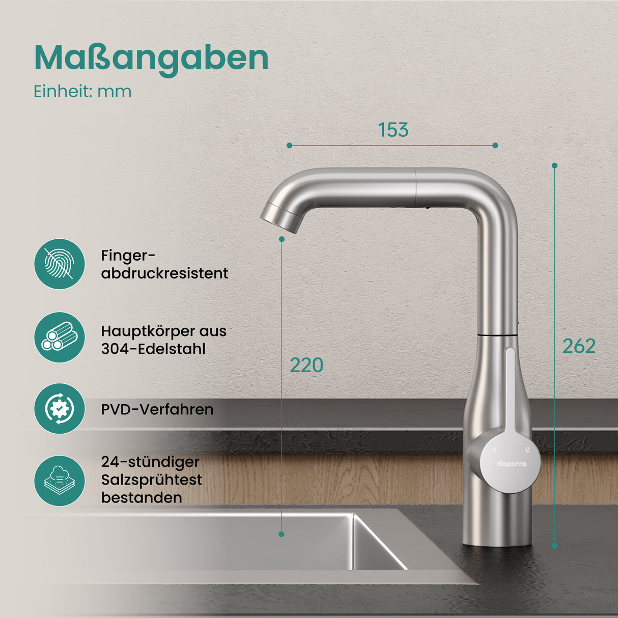 glasvilla Robinet de Cuisine avec Douchette Extractible, Mitigeur Évier Pivotant à 360°, Robinetterie en Acier Inoxydable Turnix-04