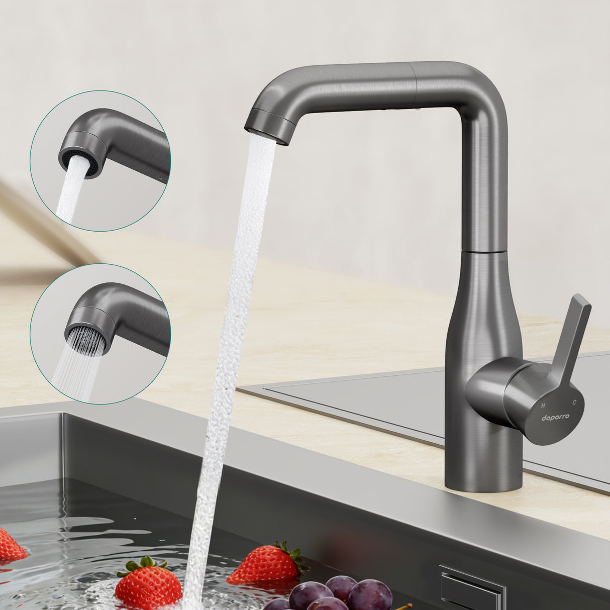 glasvilla Robinet de Cuisine avec Douchette Extractible, Mitigeur Évier Pivotant à 360°, Robinetterie en Acier Inoxydable Turnix-04