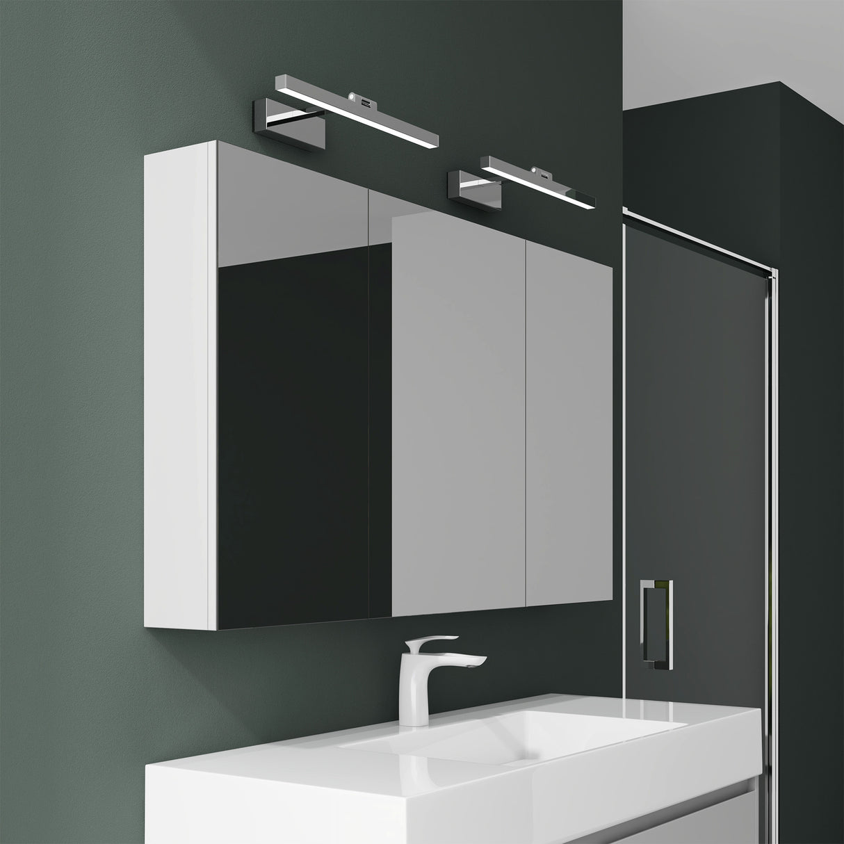 Armoire de toilette Glasvilla avec miroir et lampe intégrée, meuble de salle de bain, éclairage miroir, lampe de salle de bain LED rotative à 180°, d'une beauté rayonnante