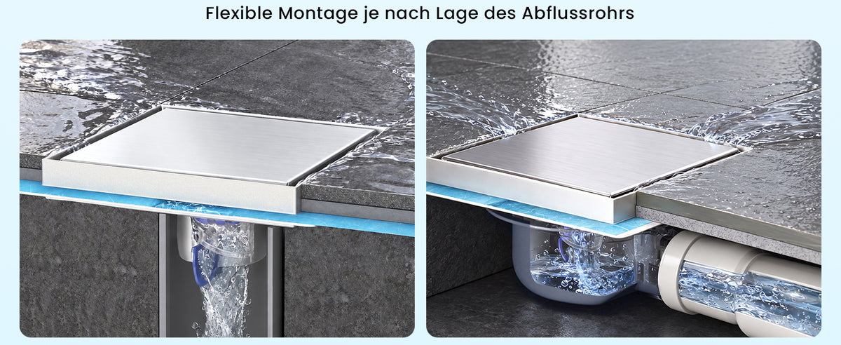 glasvilla Bodenablauf Duschablauf Edelstahl, Duschrinne quadratisch 15x15cm Duschabfluss befliesbar mit Geruchsverschluss, Haarsieb, 360°-Drehadapter, Chrom gebürstet, für Bad Dusche Balkon, KYE113-150