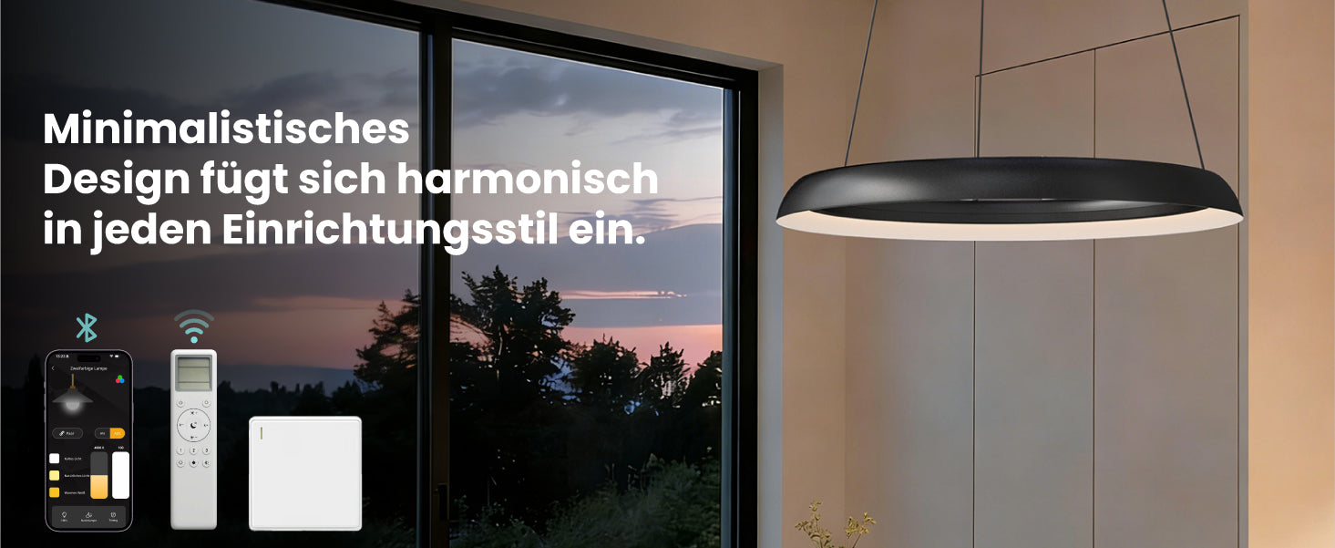 glasvilla Pendelleuchte Esstisch,  LED Moderne Hängelampe, stufenlos dimmbar 3000K–6000K, höhenverstellbare Design 20W Esstischlampe mit Fernbedienung & Wandschalter, Luvina04