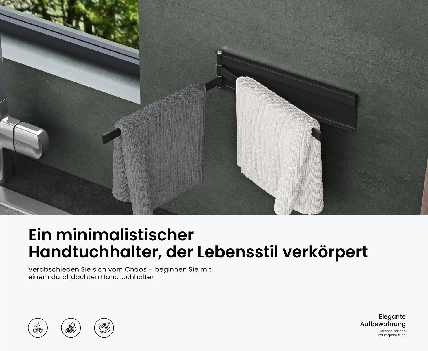 glasvilla Porte-serviettes sans perçage, orientable à 180° avec 3 bras, barre porte-serviettes autocollante ou magnétique, porte-serviettes de bain pour salle de bain et cuisine Folda-02