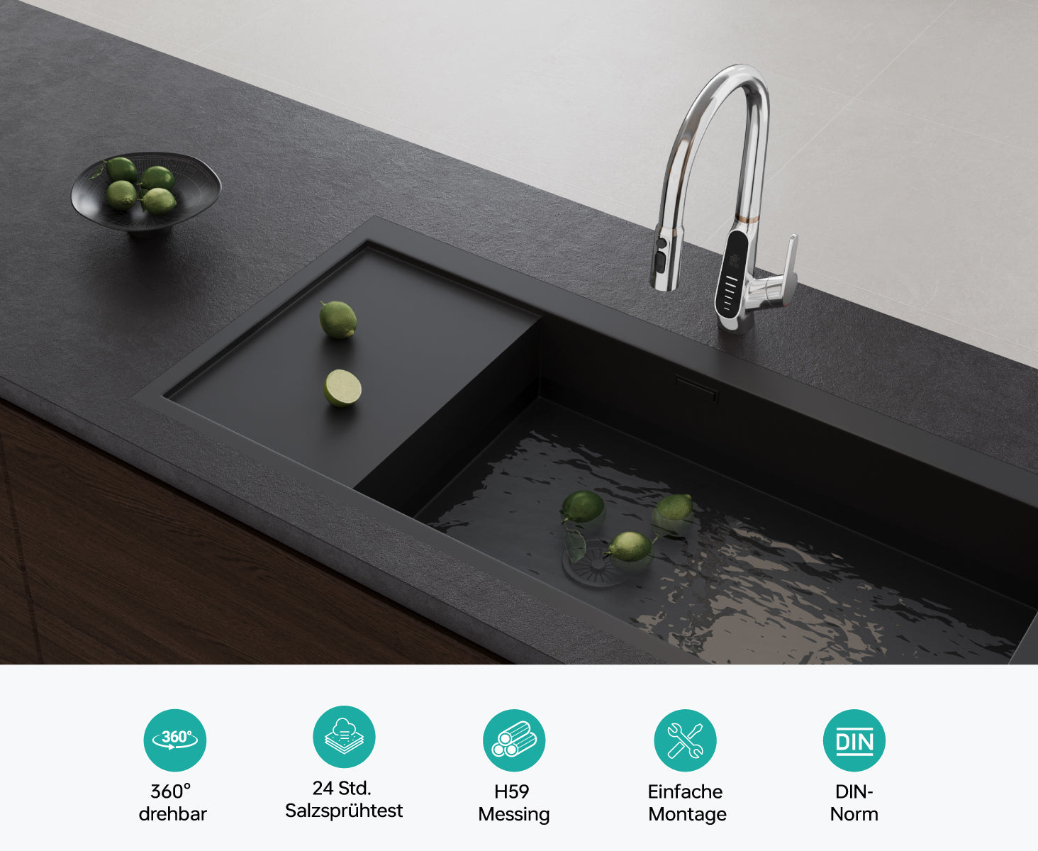 glasvilla Wasserhahn Küche Küchenarmatur ausziehbar 360° drehbar 3 Wasserstrahl-Modi LED-Digitalanzeige Küchenwasserhahn Spültischarmatur MS-8085