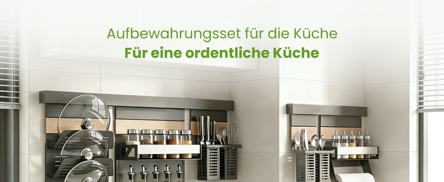 glasvilla -Stöckiges Gewürzregal Küche mit Handyhalter und Utensilientöpfe inkl. 5 Haken, Multifunktional Küchenregal abnehmbar mit Schiene , Küchen Organizer Reglo-09-12