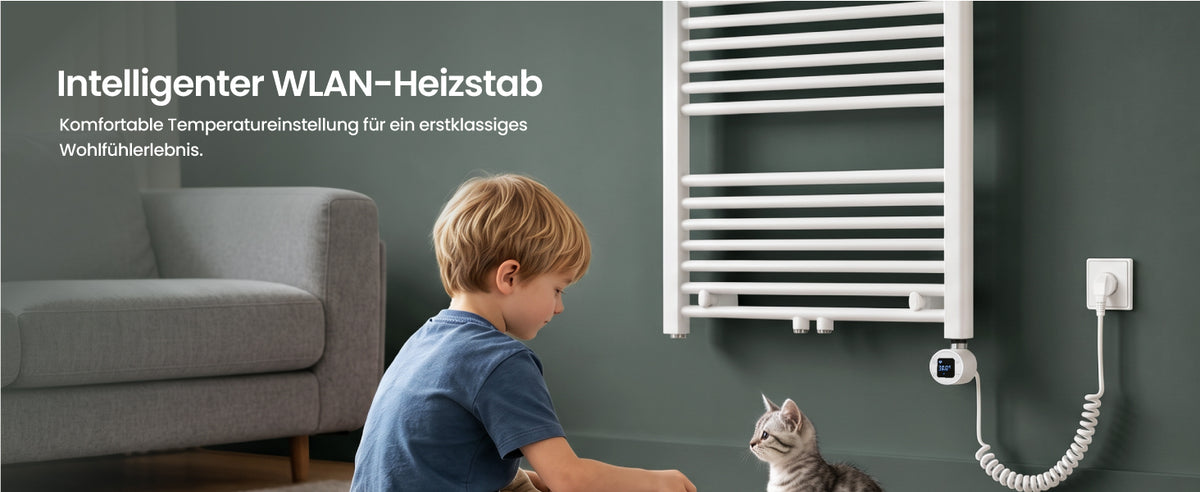 glasvilla Smart WiFi Heizstab für Badheizkörper, Heizelement  Elektrischer Heizstab mit App-Steuerung, Thermostat & Timer-Funktion, Heizpatrone für Handtuchheizkörper Heizstab-03