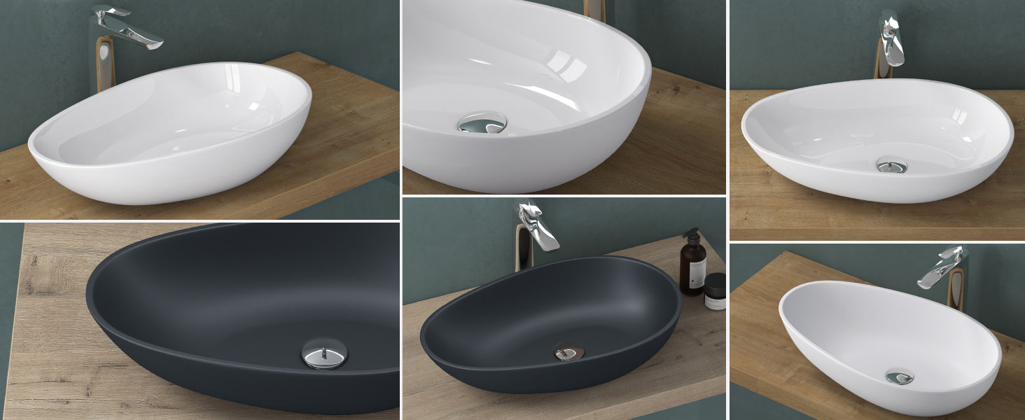 glasvilla Lavabo da Appoggio da Marmo Fuso Lavandino Bagno Ovale senza Foro per Rubinetto e Troppopieno Col809