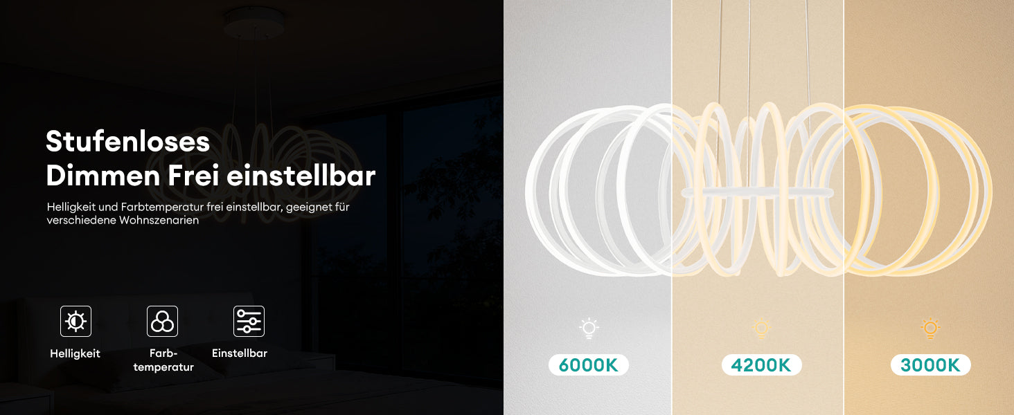 glasvilla Pendelleuchte Esstisch, 61cm LED Moderne Hängelampe Sandweiß, stufenlos dimmbar 3000K–6000K, höhenverstellbare Design 120W Esstischlampe mit Fernbedienung & Wandschalter Nuvora05