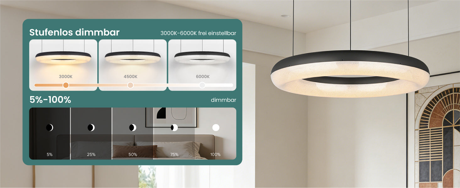 glasvilla Pendelleuchte Esstisch,  LED Moderne Hängelampe, stufenlos dimmbar 3000K–6000K, höhenverstellbare Design  Esstischlampe mit Fernbedienung & Wandschalter, Luvina03