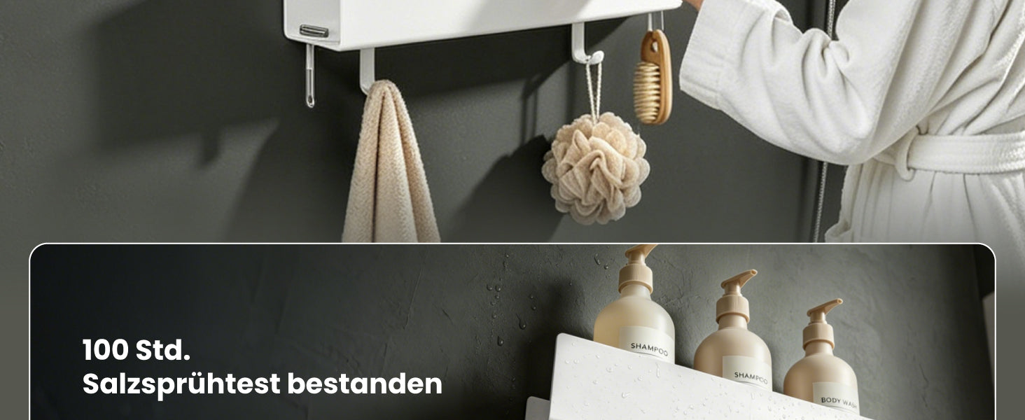 glasvilla Duschablage ohne Bohren mit 2 Schiebehaken,  Reglo-18 40cm | Duschregal ohne Bohren oder mit Bohren, Ablaufdesign Badezimmer Organizer, Metall, Shampoo Halterung für Dusche, Bad & Küche