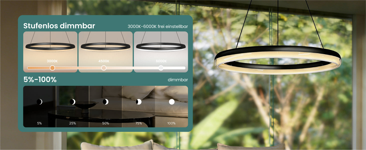glasvilla Mai & Mai Pendelleuchte Esstisch, LED Moderne Hängelampe, stufenlos dimmbar 3000K–6000K, höhenverstellbare Design Esstischlampe mit Fernbedienung & Wandschalter, Luvina05