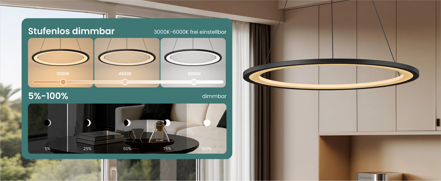 glasvilla Lampadario a Sospensione, Lampada 3000-6000K con Filo 110 CM, Altezza Regolabile, Lampada da Soffitto a Sospensione per Camera da Letto e Soggiorno, Luvina01