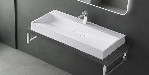 lavabo Glasvilla, lavabo à poser, lavabo suspendu, meuble vasque suspendu avec bonde, en fonte minérale, zone de vasque rectangulaire col19