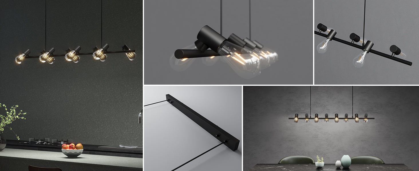 Glasvilla Design – Lámpara colgante LED negra 120 cm con 8 luces E27, cable ajustable (4000K)