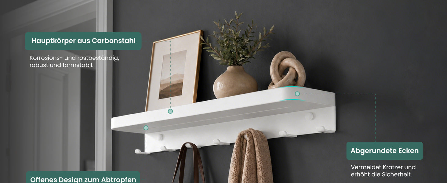 glasvilla Wandgarderobe mit Ablage, Garderobenleiste  50cm, Reglo-20 | Inkl.7 Garderobenhaken; als Wandhaken oder Kleiderhaken, Klebe- oder Bohrmontage, für Bad, Küche, Flur