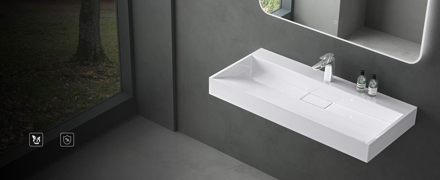 lavabo Glasvilla, lavabo à poser, lavabo suspendu, meuble vasque suspendu avec bonde, en fonte minérale, zone de vasque rectangulaire col19