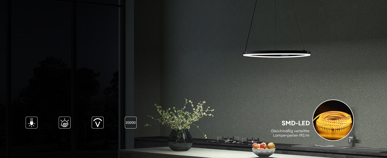glasvilla Lampadario a Sospensione 16W, 50CM, Lampada da Soffitto a Sospensione 3000K/4000K/6000K con Cavo Regolabile per Camera da Letto e Soggiorno