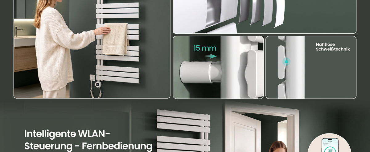 glasvilla Badheizkörper,mit Heizstab Badheizung,Handtuchheizkörper mit Seitenanschluss, Handtuchwärmer mit Heizstab 600W/900W, App-Steuerung, Thermostat und Timerfunktion,‎FN con Heizstab-03