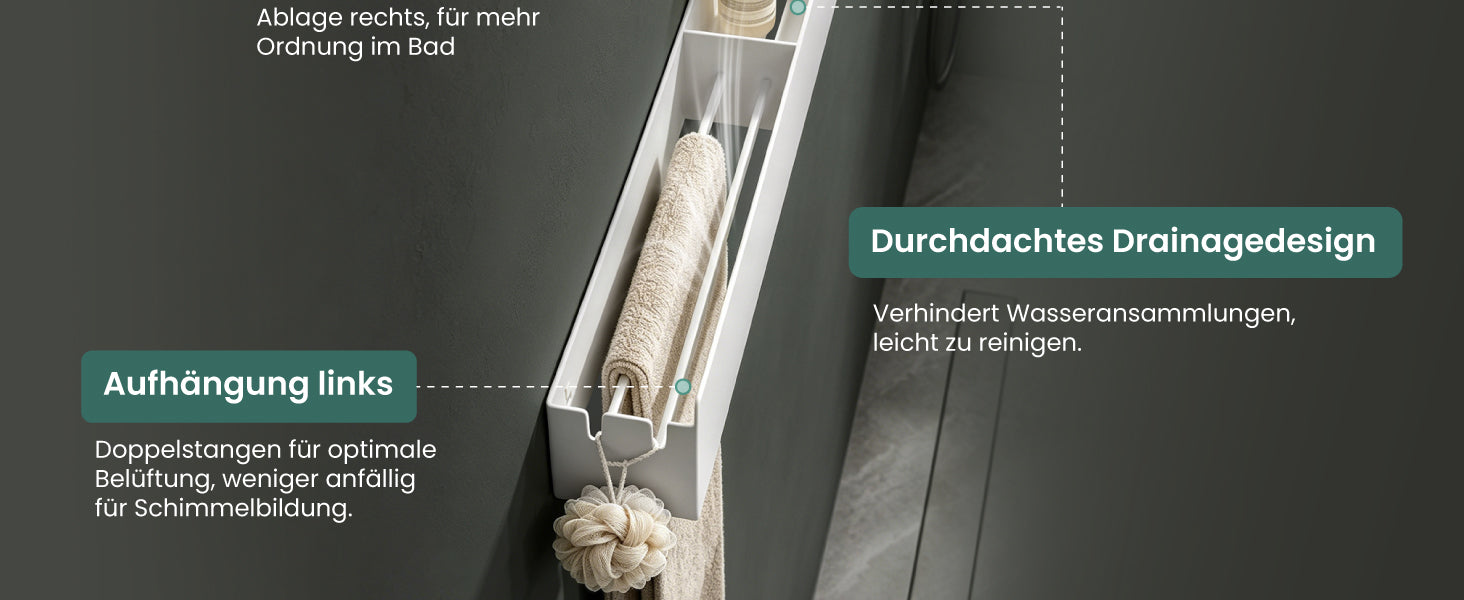 glasvilla Duschablage ohne Bohren mit Handtuchhalter, 60cm  Reglo-18 | Duschregal ohne Bohren oder mit Bohren, Drainage, Duschablage zum Hängen, Metall, Shampoo Halterung für Dusche, Bad, Küche