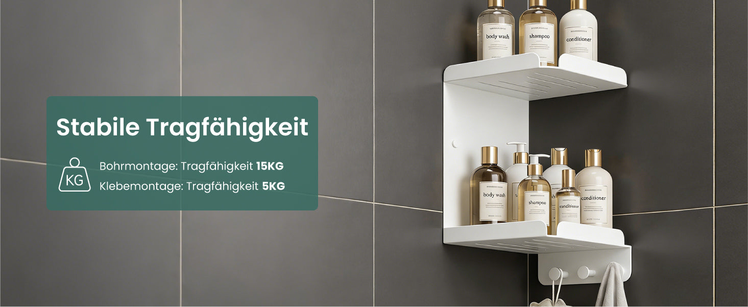 glasvilla Mensola Doccia Angolare in Acciaio al Carbonio, Antiruggine, Mensola Bagno da Appendere Adesiva o con Foratura per Shampoo Sapone Bagnoschiuma, Reglo-14