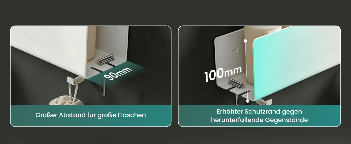 glasvilla Duschablage ohne Bohren mit 2 Schiebehaken,  Reglo-18 40cm | Duschregal ohne Bohren oder mit Bohren, Ablaufdesign Badezimmer Organizer, Metall, Shampoo Halterung für Dusche, Bad & Küche