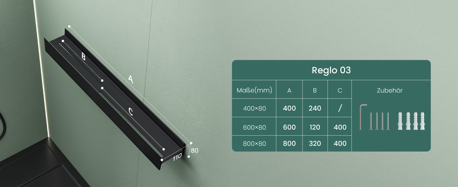 Estante de Ducha Glasvilla Reglo-03 Repisa de Pared 40 cm para Baño (Atornillable o Adhesiva)