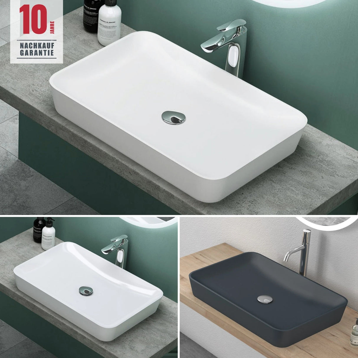 Vasque Glasvilla, vasque à poser en matériau minéral moulé, meuble-lavabo avec raccords DIN standard Col815
